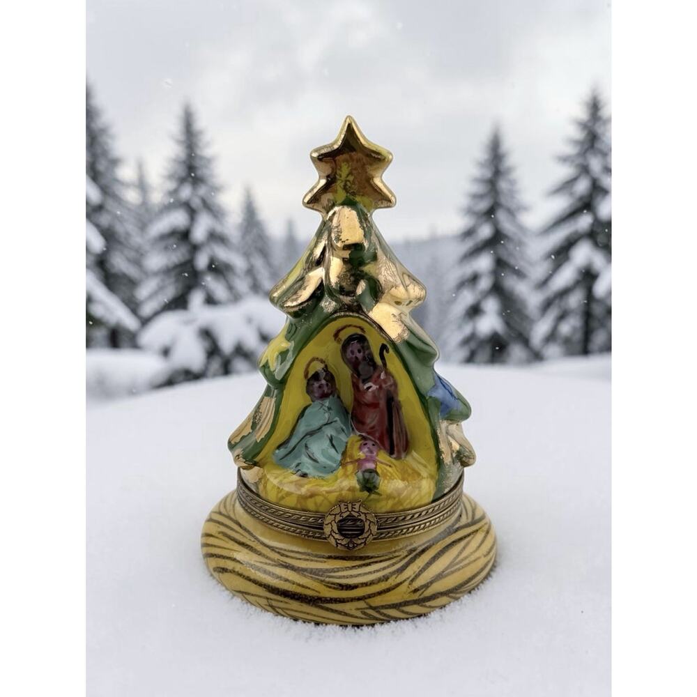 Limoges Rochard Peint Main Nativity Christmas Tree Trinket Box Porcelain